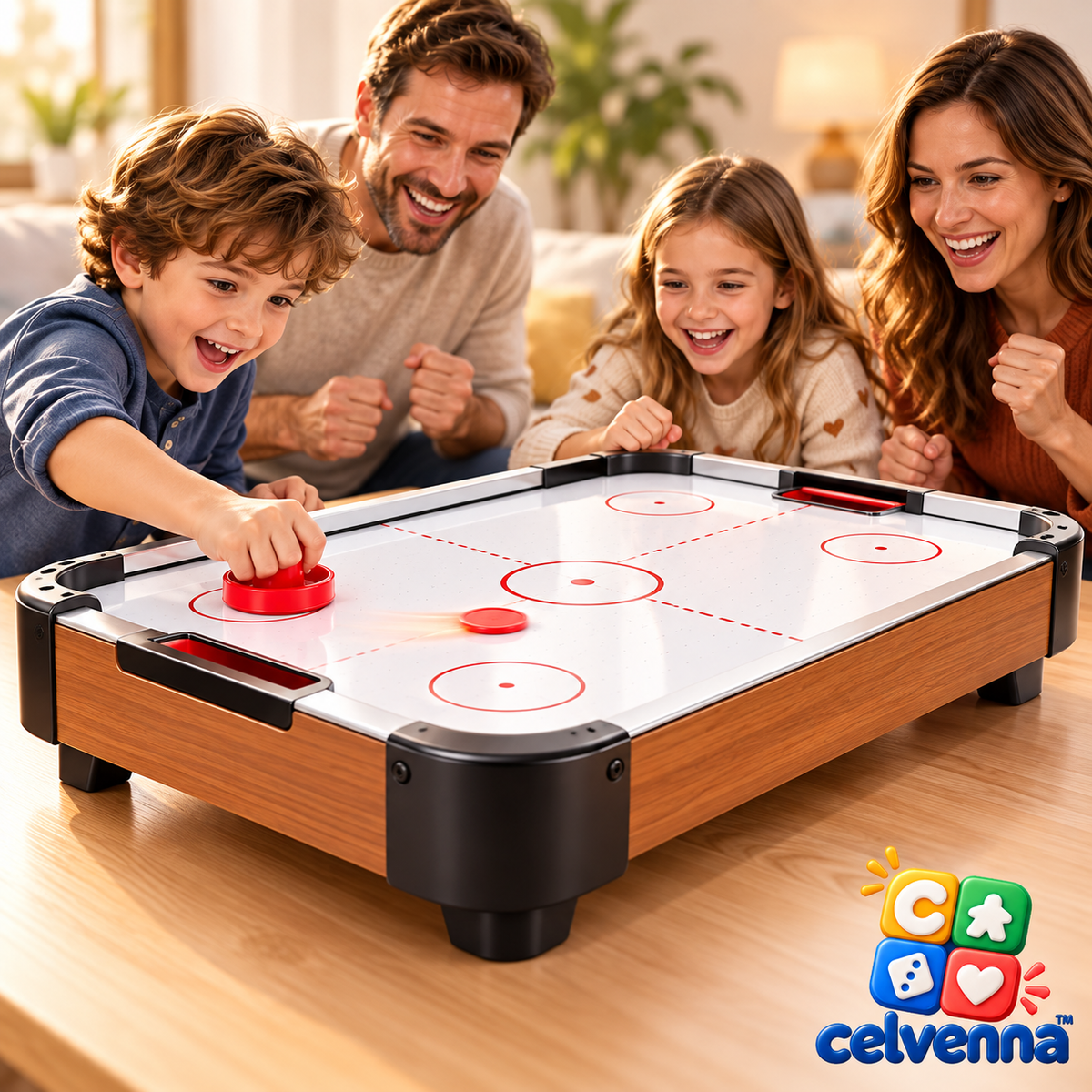Wood-Finish Tabletop Air Hockey Game