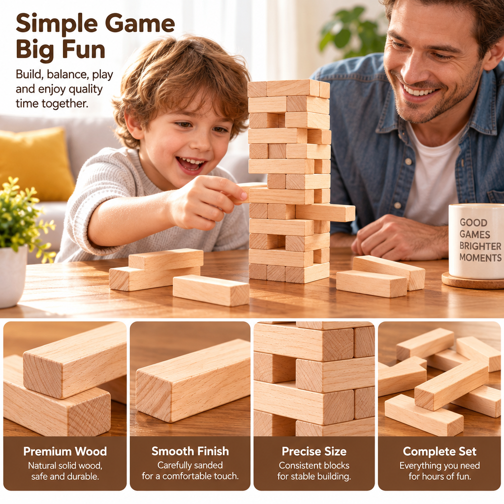 Natural Wood Tumbling Tower Game feature details