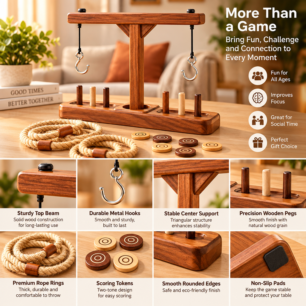 Wooden Ring and Hook Challenge Game feature details
