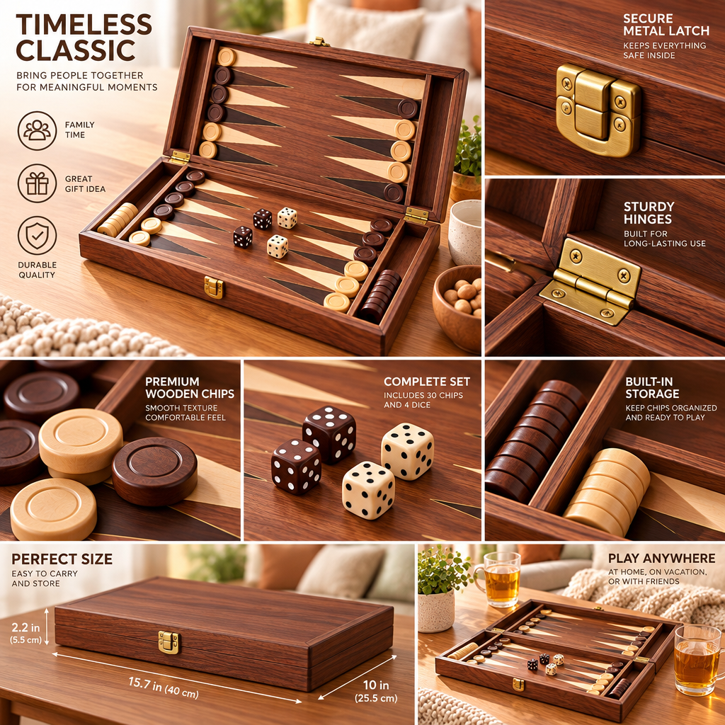 Deluxe Wooden Backgammon Travel Set feature details